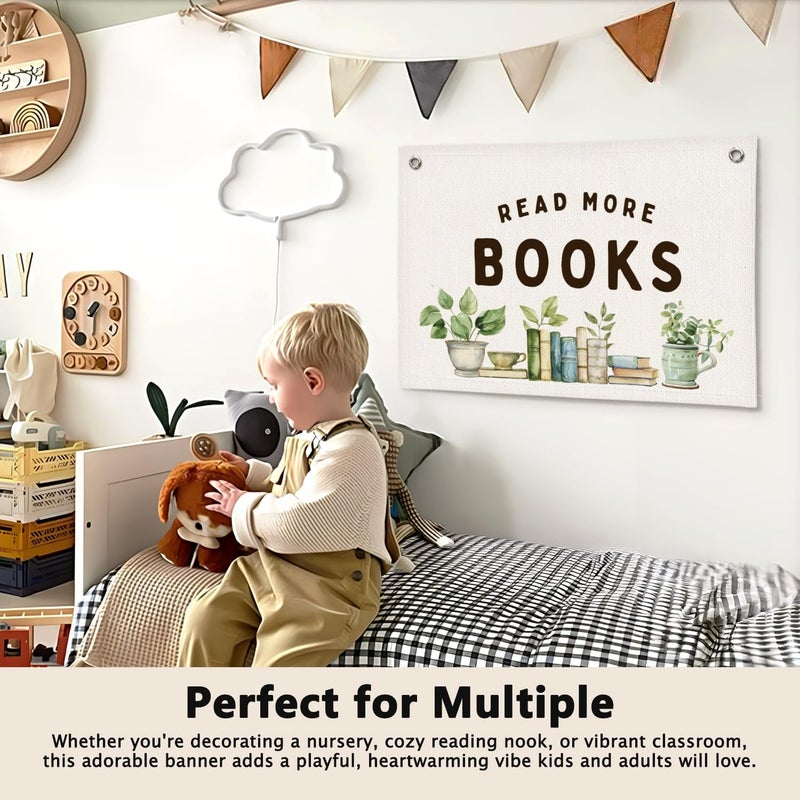 ETVISO Read More Books Botanical Reading Room Decor - Linen Banner Wall Hanging Canvas Banner Flag Decor for Kids Nursery Toddler Reading Corner Nook Classroom Library - Image 5